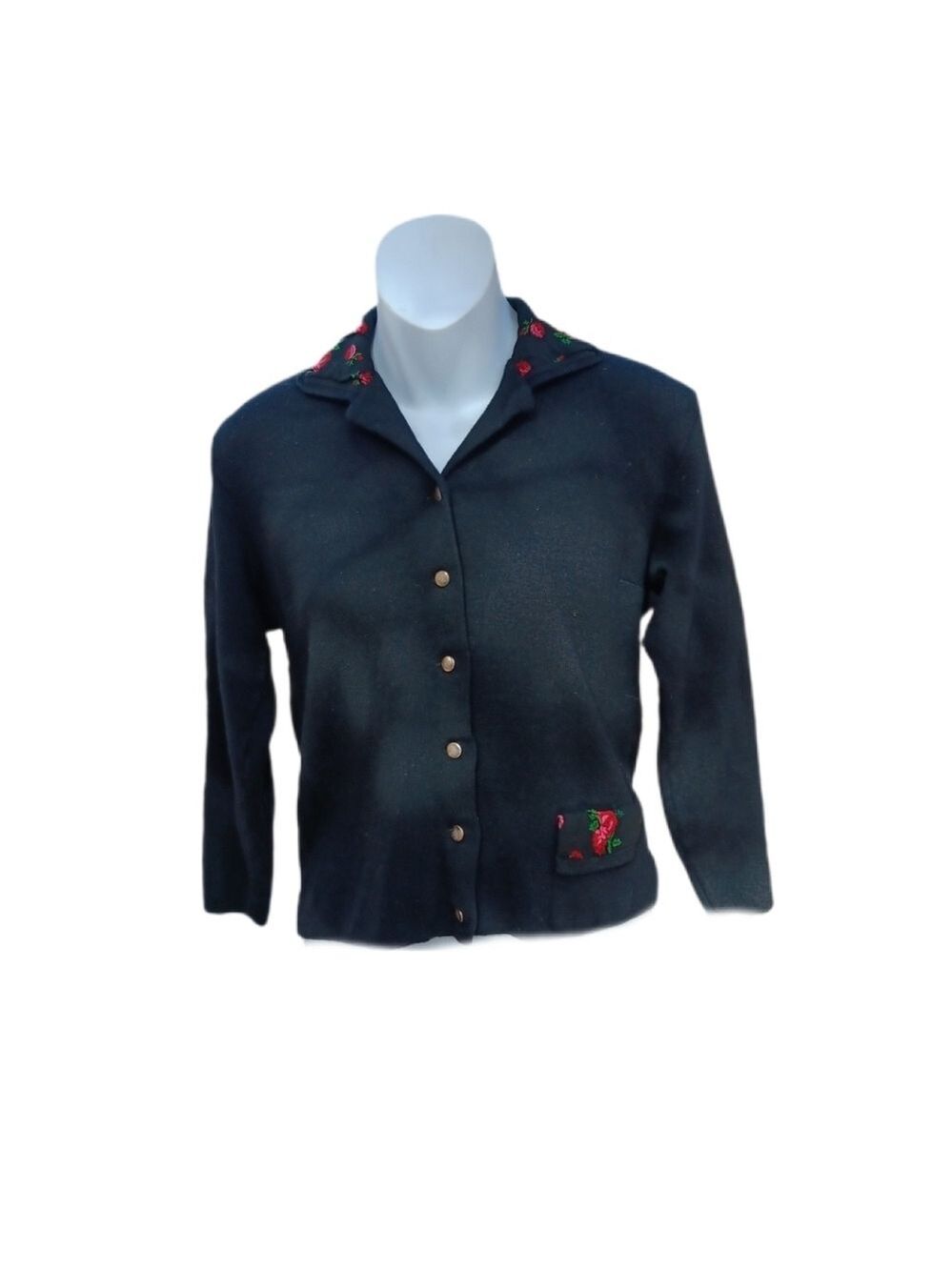 Sweater Jacket Merino Wool Button Down Cropped Black Size S